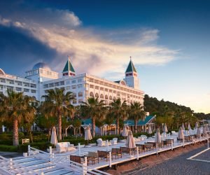 TEKIROVA TURKEY - APRIL 25 2017: Swimming pool and beach of luxury hotel. Type entertainment complex. Amara Dolce Vita Luxury Hotel. Resort. Tekirova-Kemer