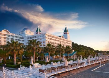 TEKIROVA TURKEY - APRIL 25 2017: Swimming pool and beach of luxury hotel. Type entertainment complex. Amara Dolce Vita Luxury Hotel. Resort. Tekirova-Kemer